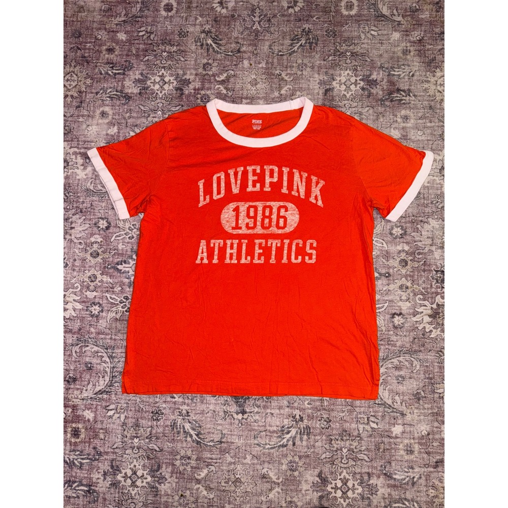 PINK Victoria's Secret Orange Campus Ringer T-Shirt Love Pink 1986‎ Athletics XL
